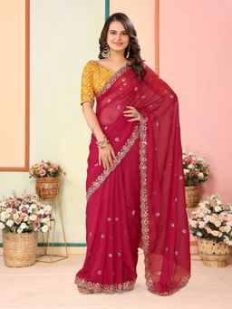 Mirraw - Red Embroidered Georgette Saree with Unstitched Blouse