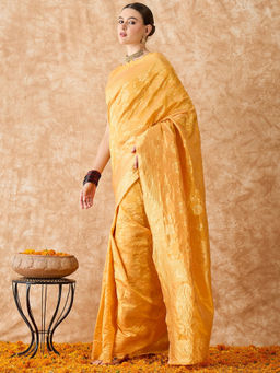 Mirraw - Yellow Zari Border Woven Saree with Unstitched Blouse