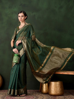 Mirraw - Emerald Green Cotton Silk Zari Border Saree with Unstitched Blouse