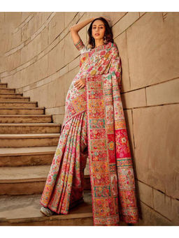 Mirraw - Pearl White Heritage Silk Blend Woven Saree with Unstitched Blouse