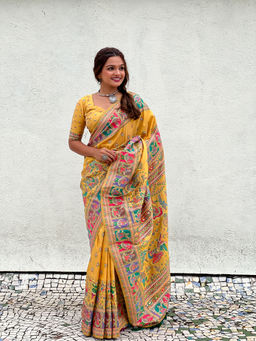 Mirraw - Yellow Pashmina Kashmiri Zari Woven Saree with Unstitched Blouse