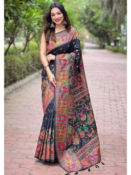 Mirraw - Black Woven Pashmina Silk Blend Woven Saree with Unstitched Blouse