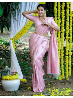 Mirraw - Blush Pink Silk Blend Woven Saree with Unstitched Blouse