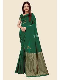 Mirraw - Forest Green Silk Blend Zari Motif Woven Saree with Unstitched Blouse