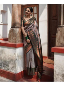 Mirraw - Grey Silk Blend Geometric Border Woven Saree with Unstitched Blouse