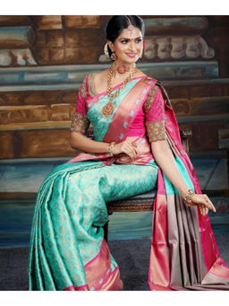 Mirraw - Blue Silk Blend Zari Border Saree with Unstitched Blouse