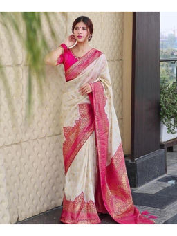 Mirraw - Cream Silk Blend Woven Saree with Unstitched Blouse