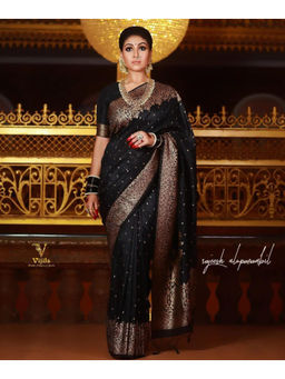 Mirraw - Black Silk Blend Copper Brocade Work Saree with Unstitched Blouse