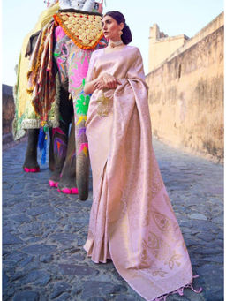 Mirraw - Blush Pink Silk Blend Gold Brocade Woven Saree with Unstitched Blouse