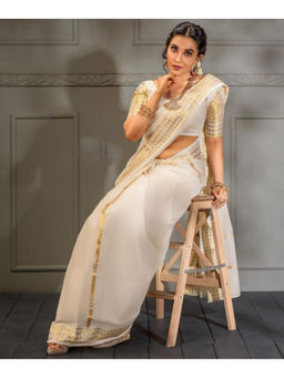 Mirraw - Off White Silk Blend Golden Zari Woven Saree with Unstitched Blouse