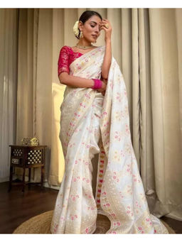 Mirraw - Ivory Silk Blend Pastel Floral Motif Woven Saree with Unstitched Blouse