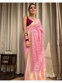 Mirraw - Pink Silk Blend Gold Motif Woven Saree with Unstitched Blouse