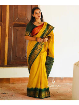 Mirraw - Mustard Yellow Silk Blend Woven Saree with Unstitched Blouse