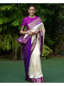 Mirraw - Cream Silk Blend Zari Border Woven Saree with Unstitched Blouse