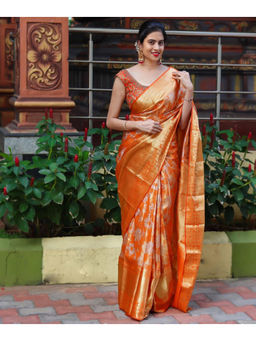 Mirraw - Orange Silk Blend Gold Brocade Woven Saree with Unstitched Blouse