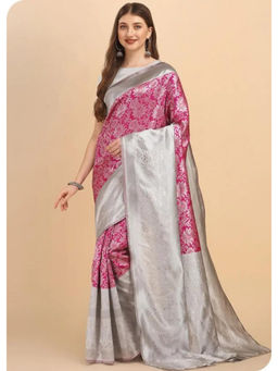 Mirraw - Fuchsia Pink Silk Blend Festive Woven Saree with Unstitched Blouse