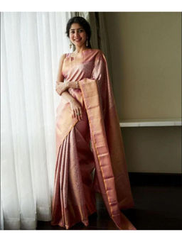Mirraw - Blush Pink Silk Blend Woven Saree with Unstitched Blouse
