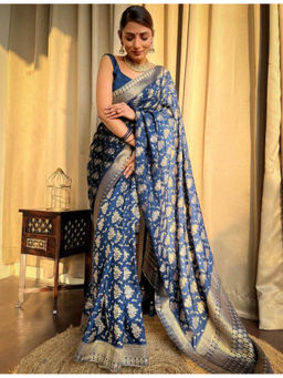 Mirraw - Navy Blue Silk Blend Woven Saree with Unstitched Blouse