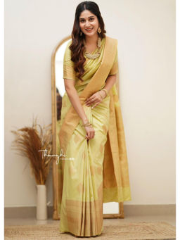 Mirraw - Lime Green Silk Blend Golden Leaf Motif Woven Saree with Unstitched Blouse