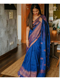 Mirraw - Royal Blue Silk Blend Copper Border Woven Saree with Unstitched Blouse