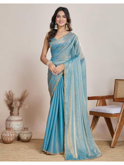 Mirraw - Blue Shimmer Chiffon Embellished Saree with Unstitched Blouse