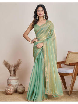 Mirraw - Mint Green Shimmer Chiffon Saree with Unstitched Blouse