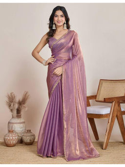 Mirraw - Lavender Chiffon Scalloped Lace Saree with Unstitched Blouse