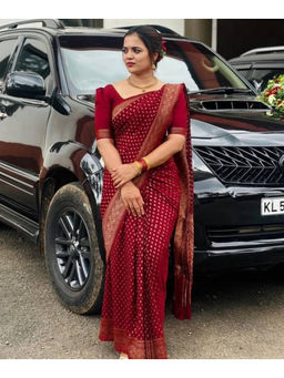 Mirraw - Deep Maroon Silk Blend Zari Buti Woven Saree with Unstitched Blouse