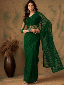 Mirraw - Emerald Green Net Embroidered Saree with Unstitched Blouse