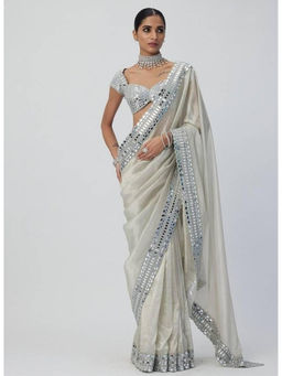 Mirraw - White Mirror Work Organza Silk Saree with Unstitched Blouse