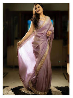 Mirraw - Lavender Embroidered Tissue Silk Saree with Unstitched Blouse
