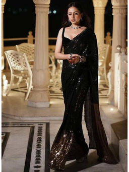 Mirraw - Black Georgette Sequin Saree with Unstitched Blouse