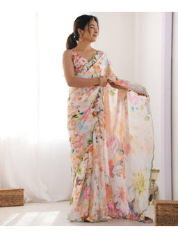 Mirraw - Beige Chinon Floral Print Designer Mirror Work Saree with Unstitched Blouse