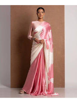 Mirraw - Pink Printed Satin Saree with Unstitched Blouse