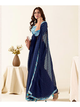 Mirraw - Navy Blue Bandhej Chiffon Contrast Border Saree with Unstitched Blouse