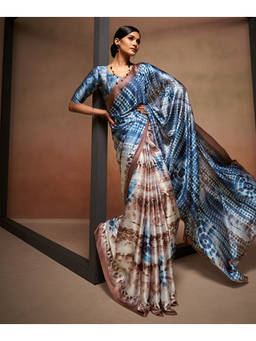 Mirraw - Blue Shibori Satin Saree with Unstitched Blouse