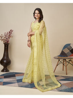 Mirraw - Yellow Net Checks Embroidery Saree with Unstitched Blouse