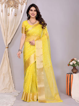 Mirraw - Lemon Yellow Banarasi Art Silk Embellished Saree with Unstitched Blouse