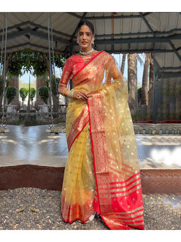 Mirraw - Yellow Organza Silk Woven Saree with Unstitched Blouse