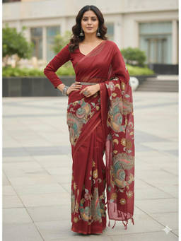 Mirraw - Red Kalamkari Peacock Saree with Unstitched Blouse