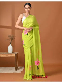 Mirraw - Lime Green Floral Printed Saree with Unstitched Blouse
