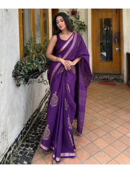 Mirraw - Purple Linen Block Print Saree with Unstitched Blouse