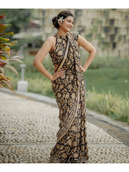 Mirraw - Black Ajrakh Floral Print Linen Saree with Unstitched Blouse