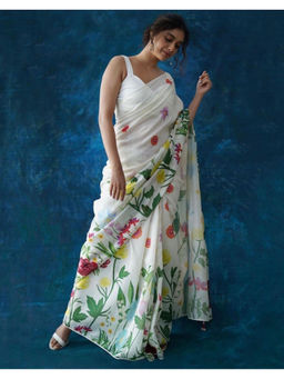 Mirraw - White Floral Linen Saree with Unstitched Blouse
