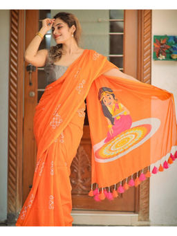 Mirraw - Orange Linen Block Printed Saree with Unstitched Blouse