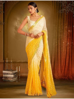 Mirraw - Yellow Mirror Work Georgette Saree with Unstitched Blouse