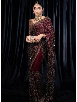 Mirraw - Burgundy Sequin Saree with Unstitched Blouse