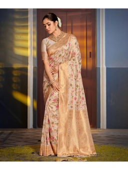 Mirraw - Cream Banarasi Art Silk Woven Saree with Unstitched Blouse