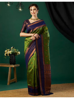 Mirraw - Green Silk Blend Woven Saree with Unstitched Blouse