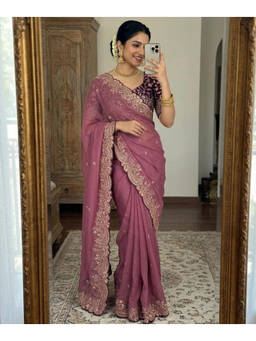 Mirraw - Mauve Georgette Embroidered Saree with Unstitched Blouse
